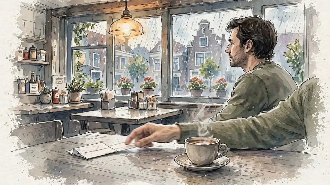 Persoon schuift een reclamebon van tafel in een Nederlands eetcafé