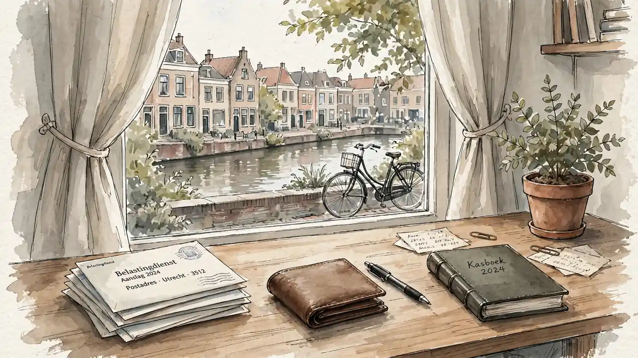 Opgeruimd thuiskantoor met administratie en een pen op een bureau
